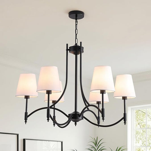 Black Farmhouse Chandelier for Dining Room， 6-Lights with White Fabric Shade Dining Room Light Fixtures，Rustic Industrial Chandelier for Living Room Kitchen Island Foyer