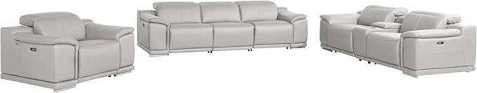 Blackjack Furniture Venice Top Grain Italian Leather Recliner 7 Seater 5 Power Reclining 3 Piece Sofa Set with Adjustable Headrests Modern Seating Sofa, Loveseat and Chair for Living Room, Light Grey