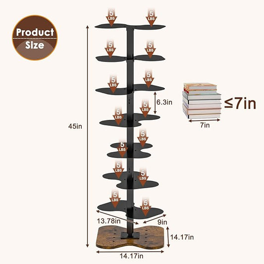7 Tier Rotating Bookshelf, 360° Display Spinning Bookcase, Metal Corner Bookcases Storage Rack, Tall Floor Standing Revolving Bookshelves Narrow Book Shelf Organizer for Home Office, Black