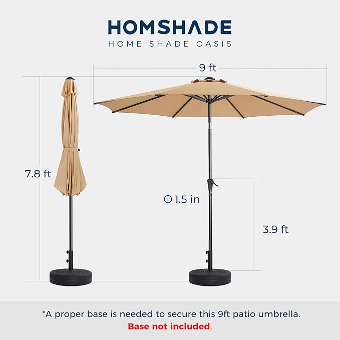 HOMSHADE Outdoor Patio Umbrella - Market Table Pool Deck Umbrella with Push Button Tilt, Crank, UPF50+ UV Protection and Sturdy Ribs, 3-Year Fade Resistance, 220GSM Solution-Dyed Fabric (No base)