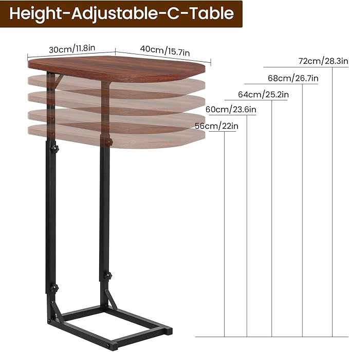 Premium Adjustable C-Shaped End Table for Couch, Mini Side Tables for Sofa, Small Coffee Table with Metal Frame, Beautiful and Practical Sidekick for Your Living Room, Bedroom, Bedside, Rustic Brown | Premium, Adjustable, for Couch, for Sofa, with Meta...