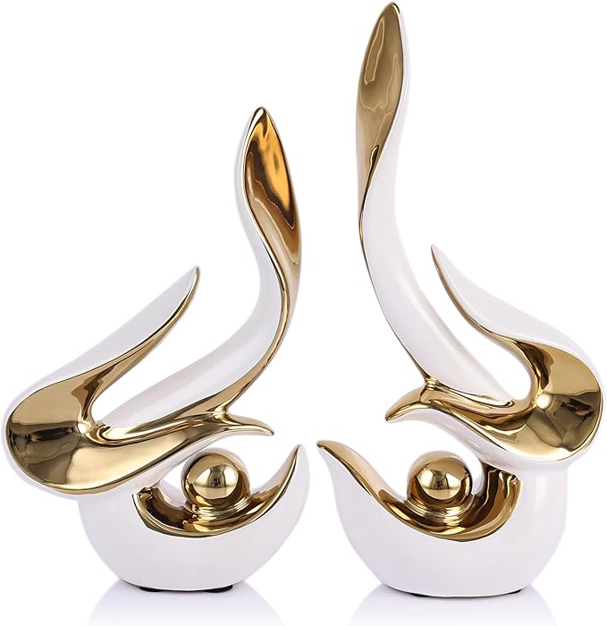 2PCS Abstract Ceramic Sculptures for Modern Decor, Sculptures Home Decor Accent, Abstract Art Figurines for Living Room Decorative Objects, Tabletop Centerpiece for Entryway,Shelf,TV Stand(White Gold)
