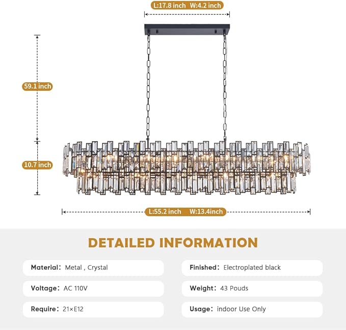 Black Contemporary Chandelier Foyer Entryway Lighting, 2-Tier Large Foyer Entrance Chandeliers for Living Room Kitchen Island High Ceiling Big Crystal Chandelier(Length 55.1 inch 21 Lights)