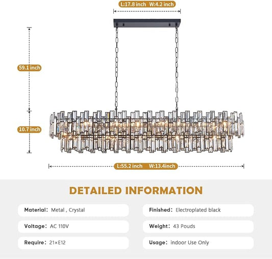 Black Contemporary Chandelier Foyer Entryway Lighting, 2-Tier Large Foyer Entrance Chandeliers for Living Room Kitchen Island High Ceiling Big Crystal Chandelier(Length 55.1 inch 21 Lights)