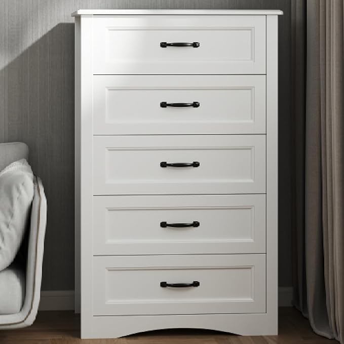 Gizoon 5 Drawer Dresser, White Wood Chest of Drawers for Bedroom, 43.3" Large Capacity Storage Cabinet with Anti-Tip Device, for Clothes, Living Room, Hallway, Office