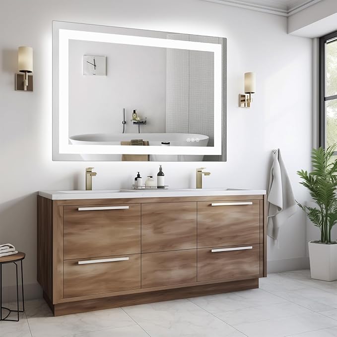 Simple Deluxe LED Bathroom Mirror 32x40 Inch Tempered Glass - Frameless LED Backlit Lighted Mirror for Bathroom Vanity with Anti-Fog, 3 Colors Dimmable, Memory Function, Wall-Mounted