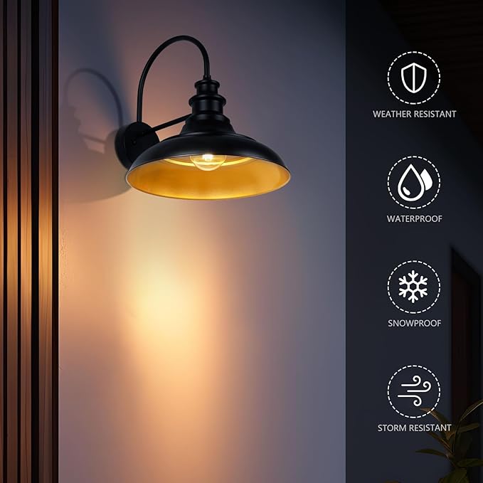 Outdoor Barn Light Fixture, 16 Inch Large Dome Farmhouse Exterior Wall Mount Light, Rustic Wall Sconce Indoor Wall Lighting Fixture, Industrial Black Gold Lantern for Porch, 1 Pack