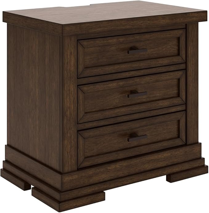 Signature Design by Ashley Taffenbrook Farmhouse 3-Drawer Nightstand with Felt-Lined Top Drawer, Power Supply and USB Ports, 28.5" W x 18.25" D x 26.5" H, Dark Brown