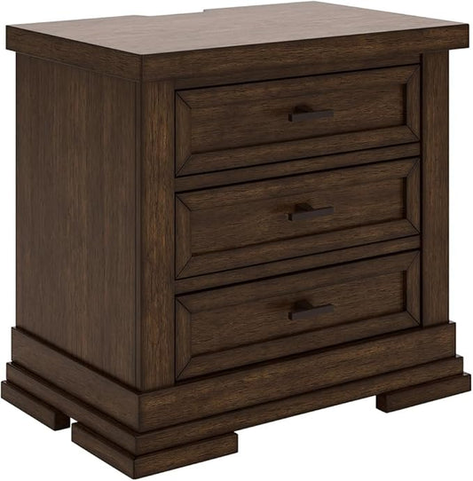 Signature Design by Ashley Taffenbrook Farmhouse 3-Drawer Nightstand with Felt-Lined Top Drawer, Power Supply and USB Ports, 28.5" W x 18.25" D x 26.5" H, Dark Brown