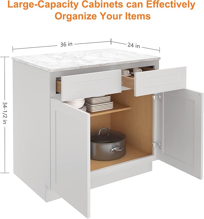 LOVMOR Kitchen Base Cabinets, Sideboard Storage Cabinet, Entryway Cabinet with 2-Drawers & Adjustable Shelf, 36" W X 24" D X 34-1/2"H (Light Gray)