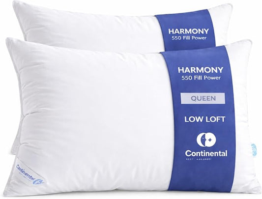 Continental Bedding Harmony White Goose Down Pillow 550 Fill Power Soft Loft 100% Cotton 300 Thread Count Shell Queen Size 2 Pack Made in USA