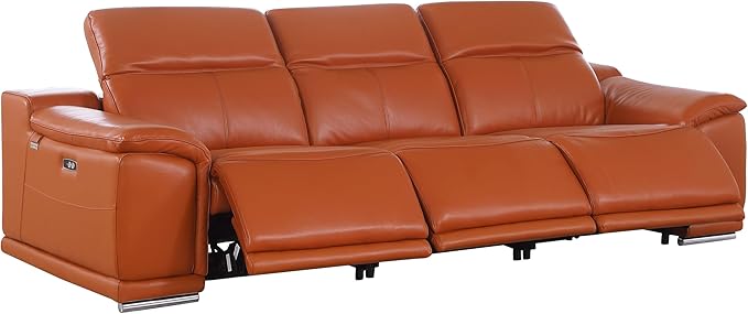 BlackJack Furniture Venice Top Grain Italian Leather 6 Power Recliner Seaters 3 Piece Sofa Set with Adjustable Headrests Modern Luxury Seating Sofa, Loveseat and Chair for Living Room Lounge, Camel