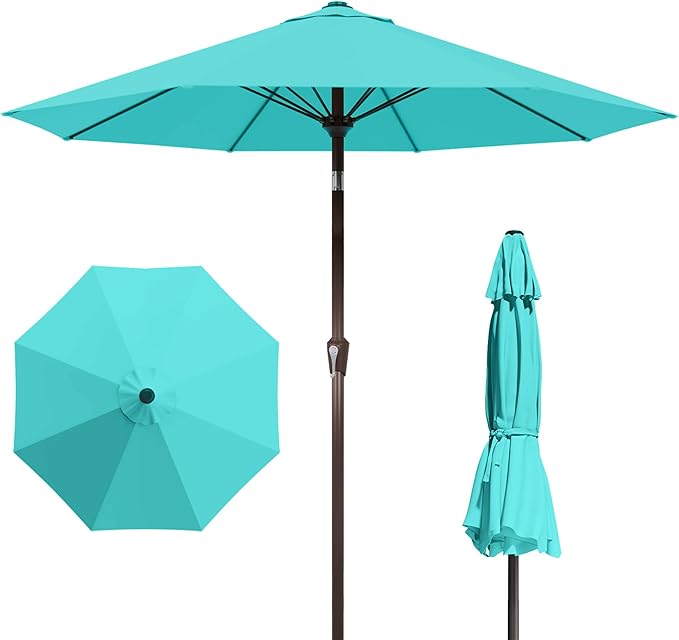 PatioKingdom Auto-Tilt 9FT Patio Umbrella Outdoor with 8 Sturdy Fiberglass Ribs,Market Table Umbrella for Pool,Backyard,Deck and Garden