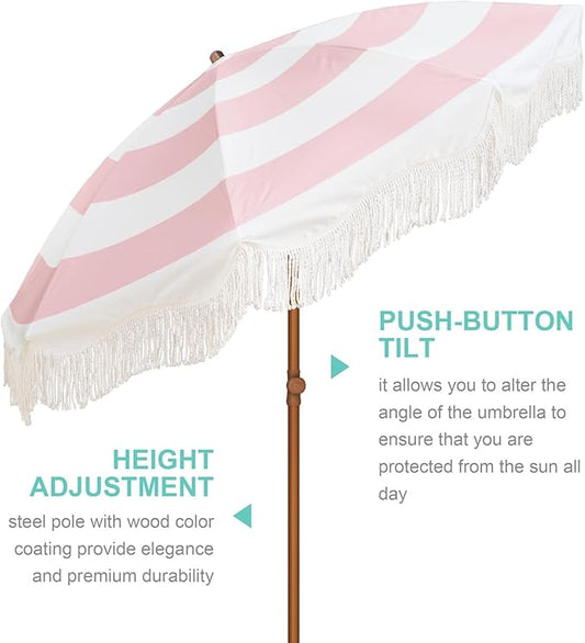 AMMSUN Boho Fringe Umbrella Outdoor Patio, 6.5ft UPF50+ Picnic Umbrella with Tassels with Steel Pole and Push Button Tilt, Pink Stripes