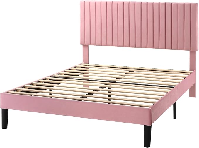 SHA CERLIN Full Upholstered Platform Bed Frame with Adjustable Headboard/Vertical Channel Tufted Velvet Fabric/Wooden Slats Support/Mattress Foundation/Box Spring Optional/Pink