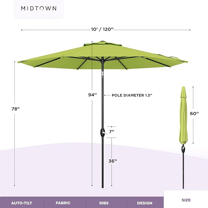 Midtown Umbrellas - The Lean 10 Ft Patio Umbrella with Fade-Resistant Sunbrella Fabric, Auto-Tilt Aluminum Frame and 8 Reinforced Ribs for Deck, Pool & Garden - Macaw Canopy, Black Pole