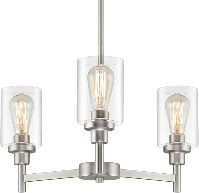 3 Lights Brushed Nickel Chandeliers for Dining Room Light Fixture Over Table, Entryway Chandelier for Foyer, Hallway Lighting Fixtures with Glass Shade for Kitchen Island Foyer Hallway
