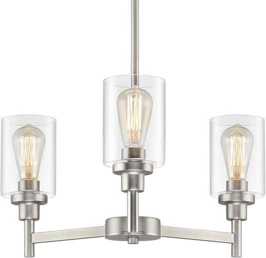 3 Lights Brushed Nickel Chandeliers for Dining Room Light Fixture Over Table, Entryway Chandelier for Foyer, Hallway Lighting Fixtures with Glass Shade for Kitchen Island Foyer Hallway