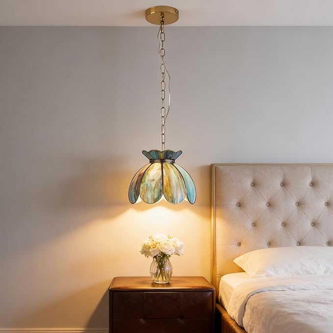 Brass Glass Ceiling Pendant Light, Hanging Chain lamp, with Vintage Lotus Flower Blue Green Glass Shade for Kitchen Island Dining Room Bedroom Living Room-7.9" Shade