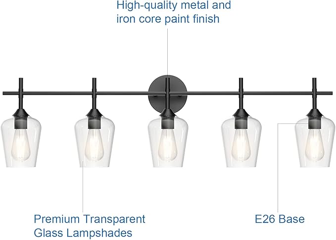 Ralbay Vintage Black Bathroom Vanity Light 5-Lights Industrial Matte Black Finish with Clear Glass Vanity Lights Farmhouse Bathroom Lighting fixtures