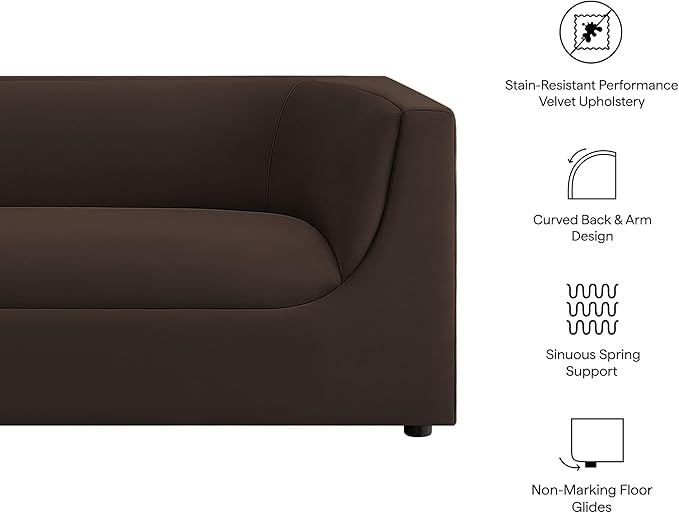 Modway Hilda 86 Inch Modern Curved Back Performance Velvet Sofa in Chocolate Brown – Plush Upholstered 3-Seat Couch for Living Room, Apartment, Office