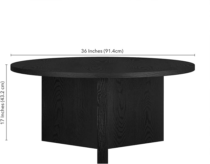 Henn&Hart 36" Round Wood Pedestal Coffee Table for Living Room, Family Room, Office, or Apartment, Natural Black