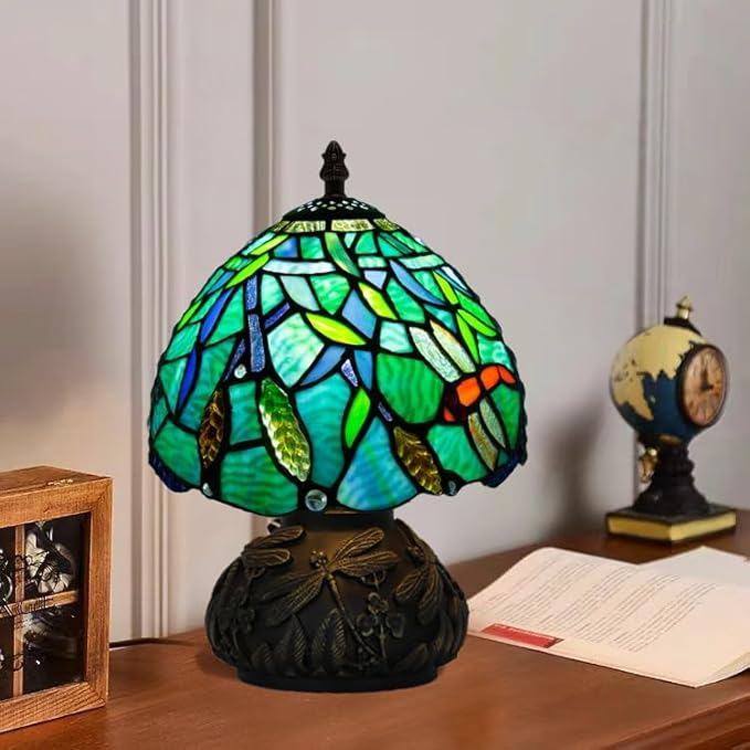 JHuiLap Small Tiffany Stained Glass Lamp, 3 Color Temperatures Bedside Lamp, 8 Inch Mushroom Desk Light for Bedroom Living Room Office Home Decor (Wheat Pattern)