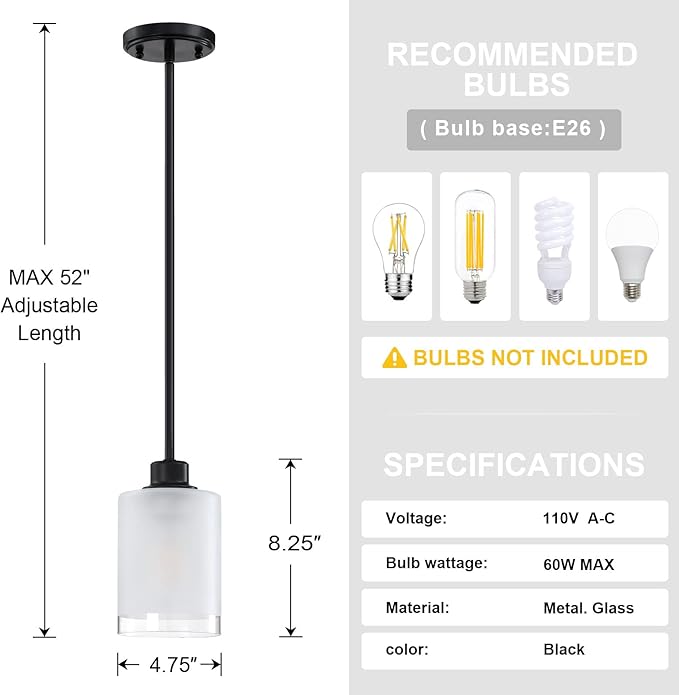 3 Pack 1-Light Industrial Farmhouse Kitchen Island Pendant Ceiling Light Frosted Glass Fixture,Black Finish for Bedroom Hallway Dining Room Entryway Over Sink