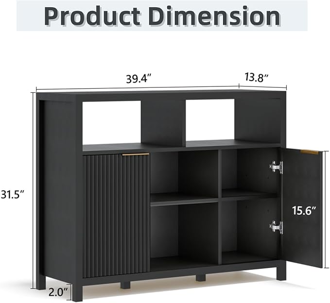 FONTOI Sideboard Buffet Cabinet, Thicken Wood Storage Cabinet with 4 Large Open Shelf, Farmhouse Cabinet with 2 Fluted Doors, Modern Accent Cabinet for Living Room, Kitchen, Entryway, Black