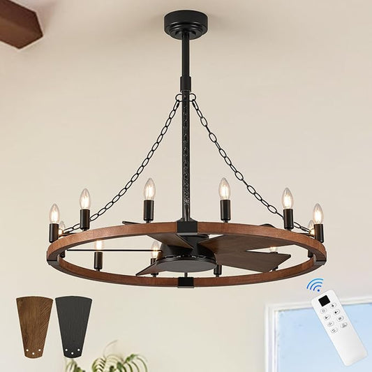 36in Wooden Wagon Wheel Chandelier Fans with Remote Control 12-Light Rustic Ceiling Fan Lights Farmhouse Bladeless Fandelier for Bedroom Dining Room Kitchen Living Room