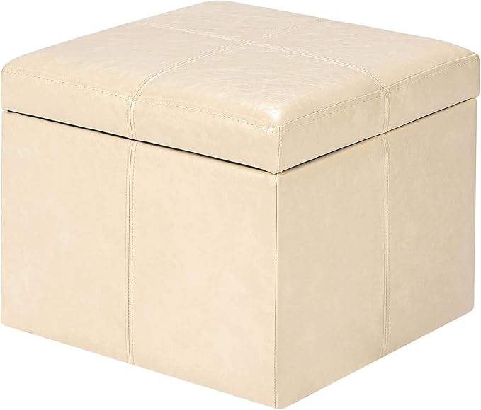 Adeco Modern Faux Leather Cube Storage Ottoman Bench, Warm Beige, Sturdy Footrest with Hidden Storage for Living Room, Bedroom, Entryway - 17.3" Cube, Comfortable Seating