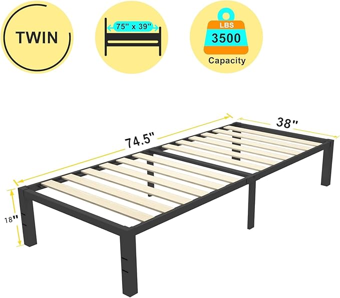 ROIL 18 inch Twin Size Bed Frames with Wide Wood Slats - 3500lbs Heavy Duty No Box Spring Needed Platform, Mattress Stoppers Single Metal Noise Free, Headboard Hole Underneath Storage