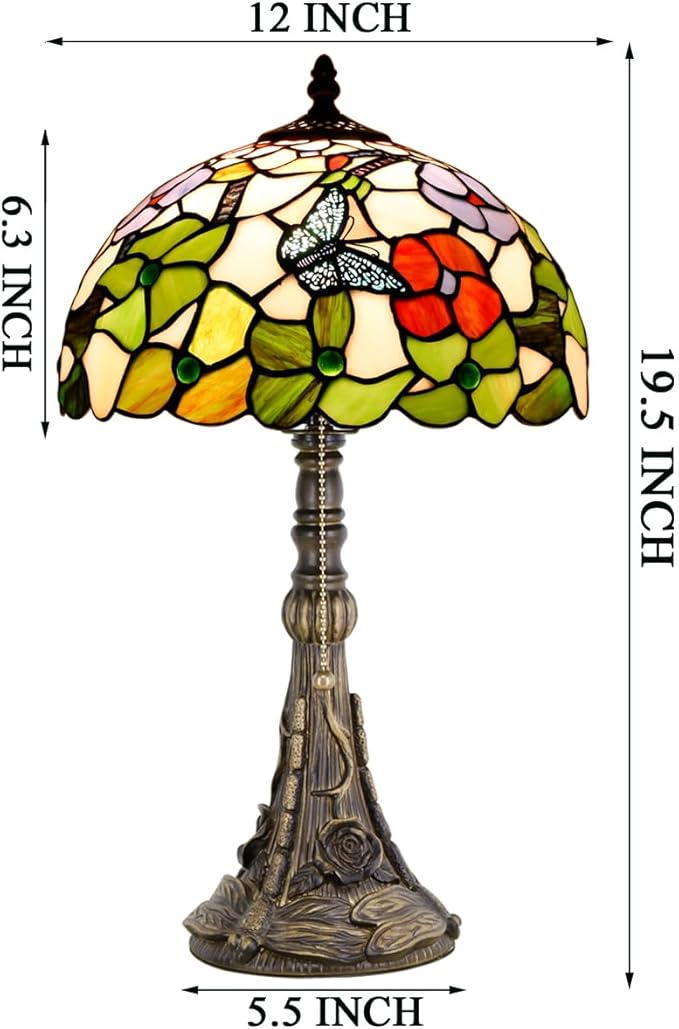 Tiffany Table Lamp Stained Glass Lamp 12X12X19 Inch Antique Reading Light (Butterfly Flowers)