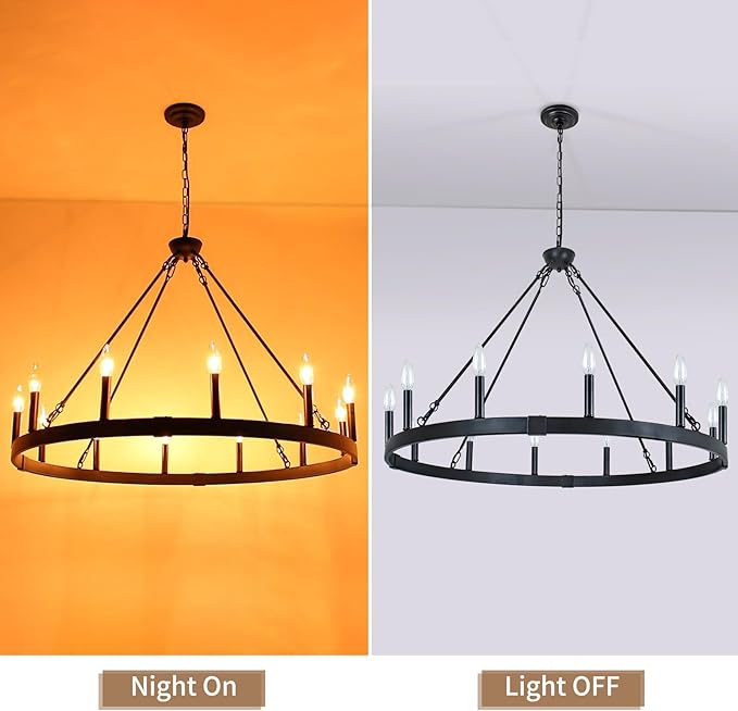 Black Wagon Wheel Chandelier 38 inch, 12-Light Black Round Industrial Farmhouse Chandeliers for High Ceilings Dining Room Living Room Foyer Entryway Outdoor Porch