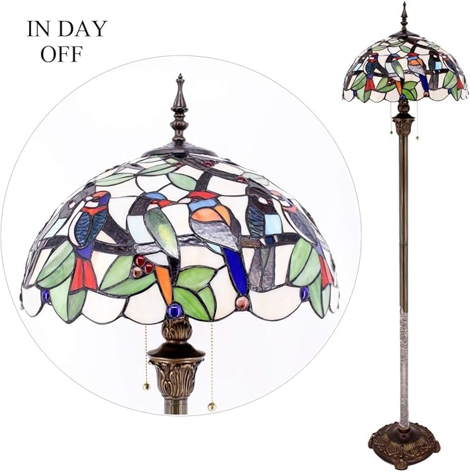 WERFACTORY Tiffany Floor Lamp Double Birds Amber Stained Glass Standing Reading Light 16X16X64 Inches Antique Pole Corner Lamp Decor Bedroom Living Room Home Office S805 Series
