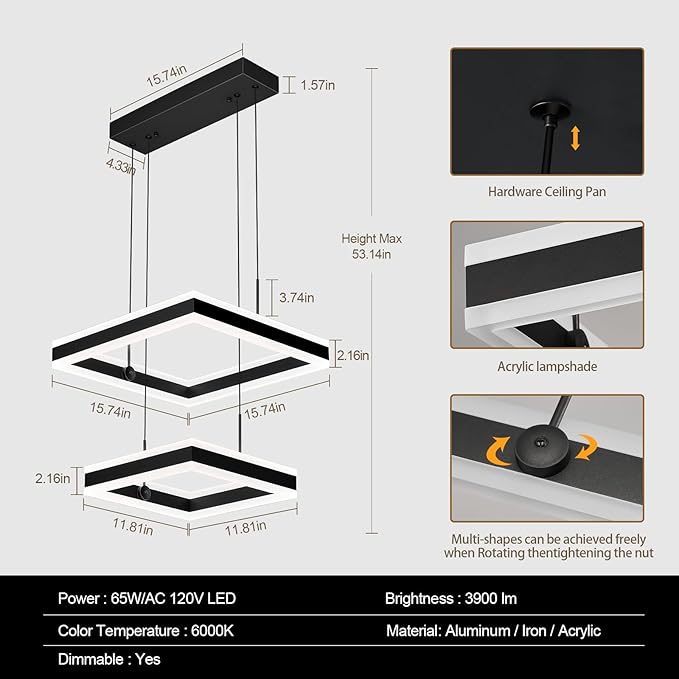 Modern Black Chandelier Foyer Ceiling Chandeliers 65W Dimmable LED Pendant Light Dining Room Light Fixture 2 Rings Square Chandelier for Kitchen Island Living Room Bedroom Hallway