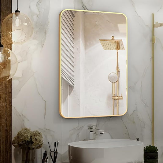 Manocorro Wall Mirror Bathroom Mirror, 20 x 28 Inch Vanity Mirror with Aluminum Alloy Frame, Rounded Corner Hanging Mirror Decor for Entryway, Bedroom, Living Room, Gold