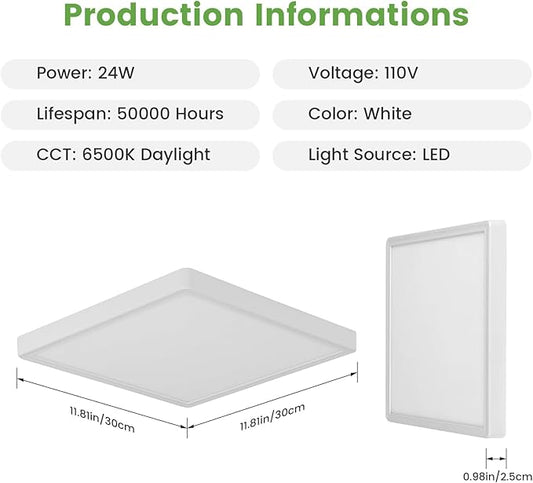 Goeco 12 Inch Square Flush Mount LED Ceiling Light, 24W 6500K Daylight Cool White, Super Bright Surface Mount Ceiling Light Fixture for Bedroom, Living Room, Kitchen, Bathroom, Laundry Room, Closet