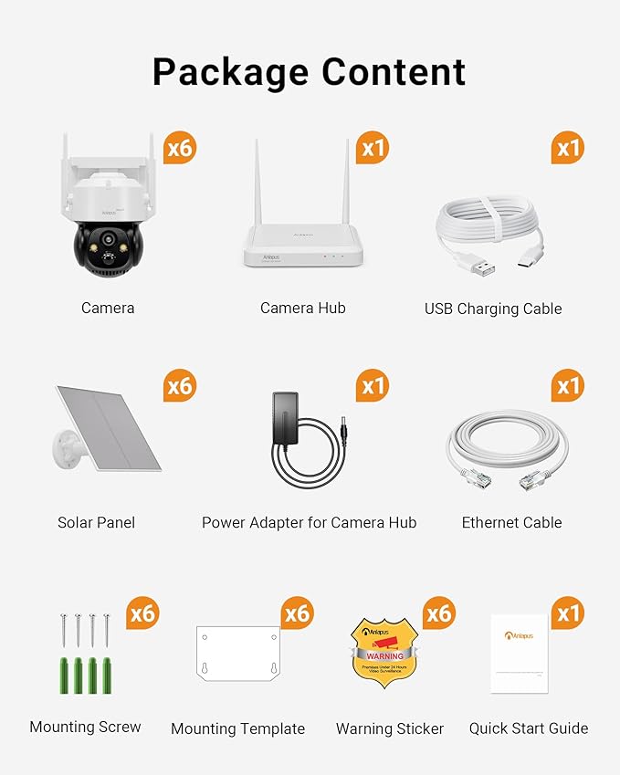 Anlapus Solar Security Camera Wireless Outdoor, 2.5K Pan/Tilt 6-Cam Kit with Solar Panel, Wireless Home Security Camera System with PIR/AI Detect, Color Night Vision, No Monthly Fee, 64GB Memory Card