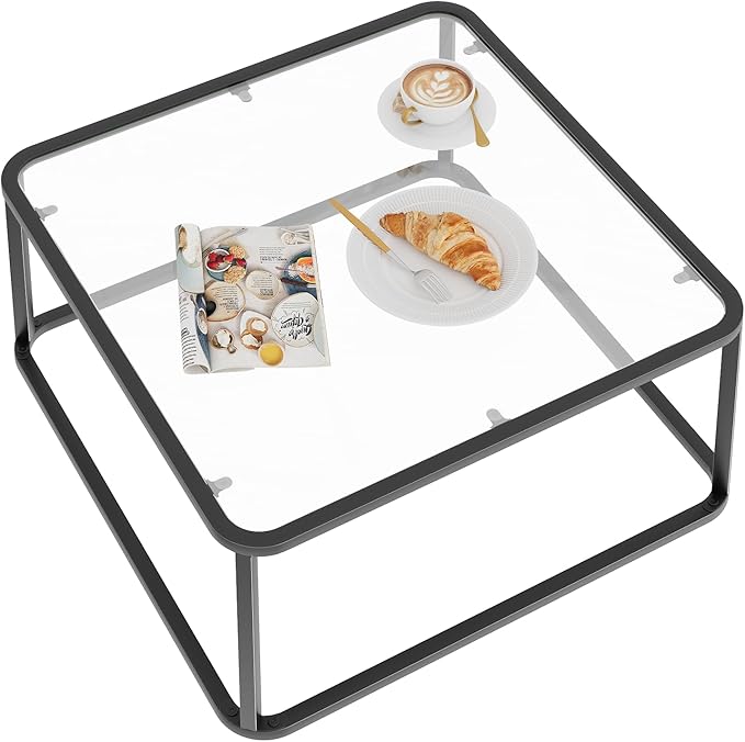 Coffee Table Glass, Minimalist Square Tables for Living Room, Modern Center Table for Office or Small Space, Tempered Glass, Sturdy Metal Frame, Easy Assembly, 26.4 x 26.4 x 15.7 Inches, Black