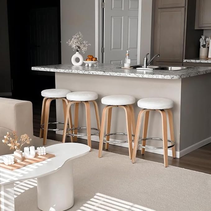Swivel Bar Stools Set of 2 for Island Kitchen, Modern 26" Backless Counter Height Bar Stools, 360 Swivel Saddle Seat, White
