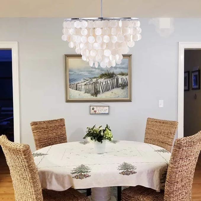 Wellmet Natural Capiz Shell Chandelier, 6 Lights Coastal Modern Capiz Chandelier Pendant Lighting, Hanging Round Layered Chandelier for Living Room, Dining Table, Bedroom, Kitchen, Foyer, W-23.62”