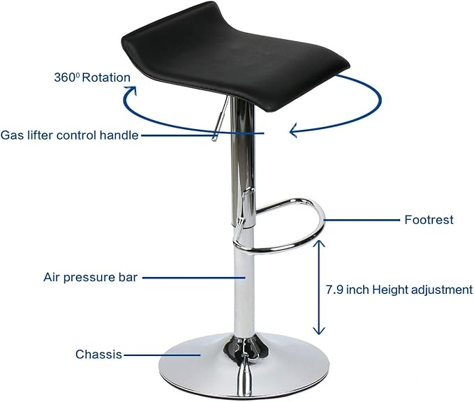 Set of 2 Barstool, Adjustable Swivel Bar Stools with PU Leather and Chrome Base, Gaslift Pub Counter Chairs, Black
