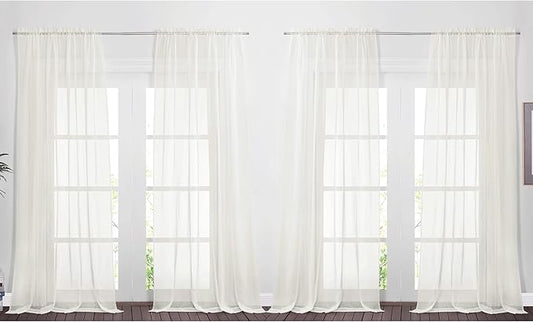 NICETOWN Extra Long Sheer Curtains 95" Length for Living Room, Rod Pocket Voile Texture Sheer Window Treatments for Patio/Glass Door, 60" Wide, 4 Panels, Beige