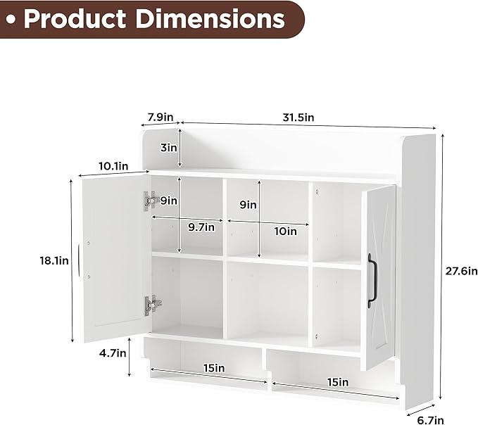 White Bathroom Wall Cabinet, Wall Mount Storage Cabinet, Floating Medicine Cabinet with 5 Open Shelves and 2 Deep Cabinets Over The Toilet for Laundry Room, Kitchen