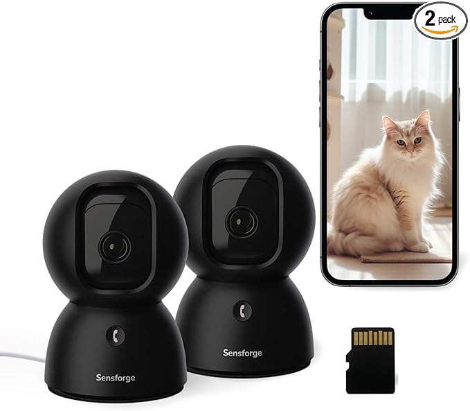 Sensforge 2.5K Indoor Pan-Tilt Dome Security Camera, 360° Coverage, AI Human & Pet Detection, Two-Way Talk, Dual-Band Wi-Fi (2.4G/5G), 64GB SD Card, Free Basic Plan, Optional Subscription (2, Black)