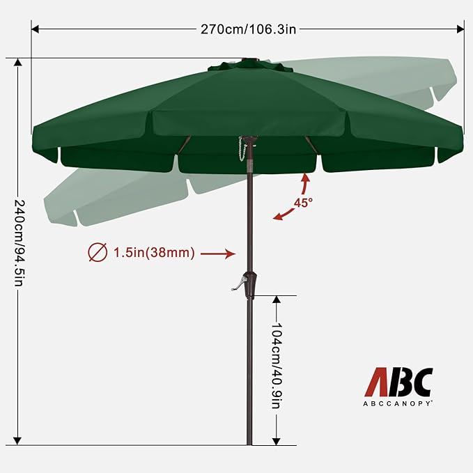 ABCCANOPY 9ft Scalloped Patio Umbrella, Outdoor Table Umbrella with Tilt and Crank, Fiberglass Ribs Deck Umbrella for Patio, Pool, Garden, Picnic (Green)