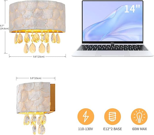 2-Light Capiz Shell Crystal Wall Sconces, Coastal Design Indoor Wall Lamp, Vanity Wall Mount Light Fixture for Bathroom, Hallway, Bedroom, Shell Lampshade, Crystal Pendants & Gold Finish