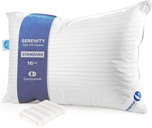 Continental Bedding | Serenity Goose Down Pillow | 700 Fill Power Hungarian White Down | 400TC Cotton Damask Shell | Made in USA | Standard, Soft with Protector