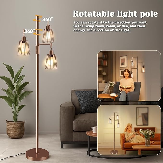 PESRAE Dimmable Industrial Floor Lamp, Farmhouse Floor Lamp Standing Lamp with 3 Elegant Teardrop Cage Heads & Included 3 x 1200LM Edison LED Bulbs, Tall Lamp for Living Room, Bedroom(Brown)